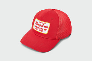 Red Kingdom Patch trucker hat with mesh back, cut and sewn in Kansas City by Sandlot Goods