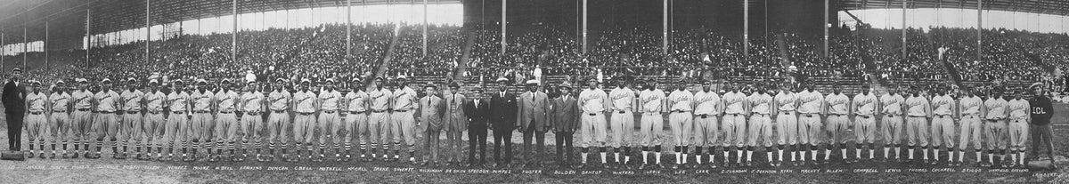 Negro Leagues baseball teams lined up on the field