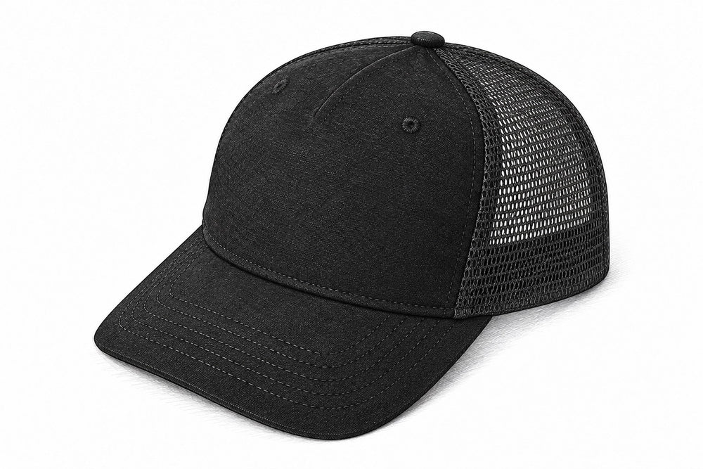 Black 2915T 5-Panel Trucker hat sketch in three-quarter view