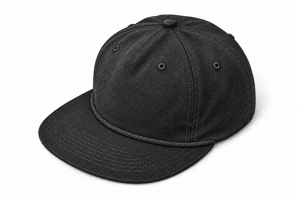 Black 5040 5-Panel Flatbill hat sketch in three-quarter view