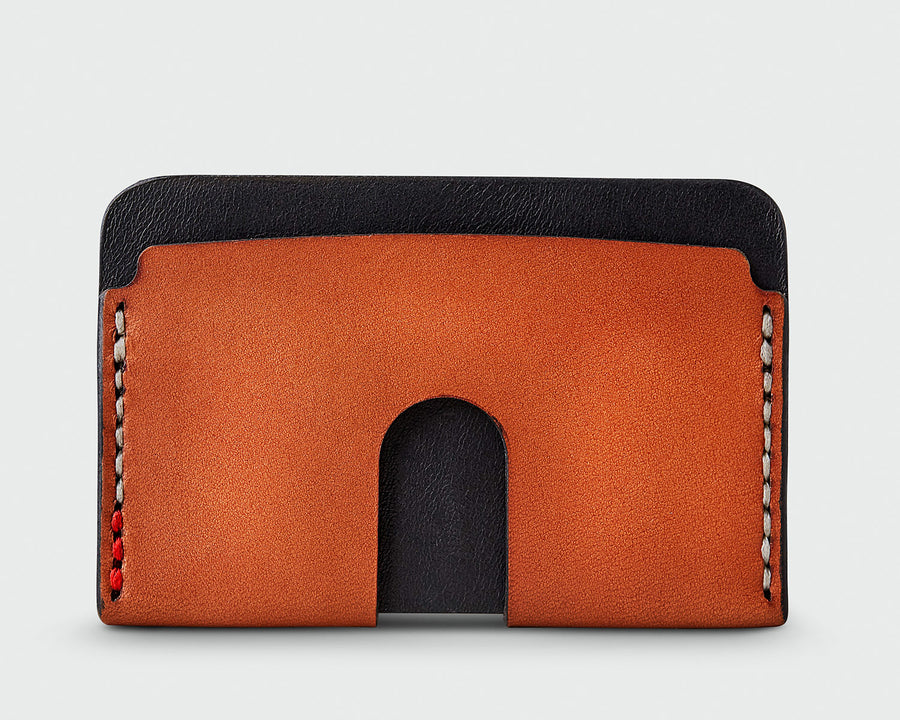 The back of Sandlot Goods Monarch leather wallet in black and tan